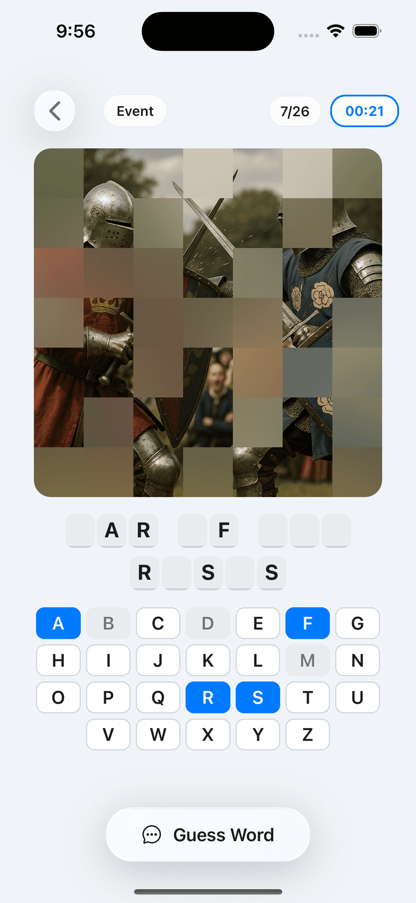Unveil game showing pixelated image puzzle